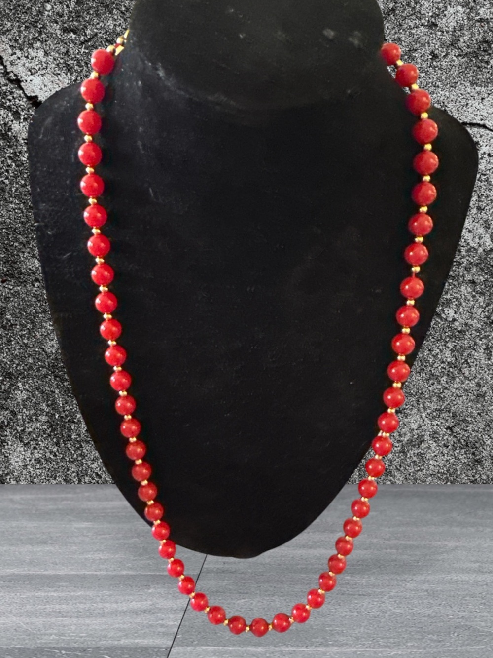 Vintage Monet Red Beaded Necklace 24” Signed Gold Tone Spacer Beads